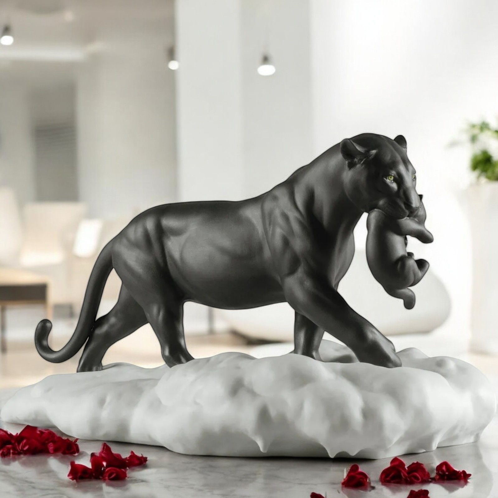 Lladró Black Panther with Cub Figurine Satin Matte Porcelain Wildlife 01009382 Lladró Black Panther with Cub Figurine Satin Matte Porcelain Wildlife 01009382