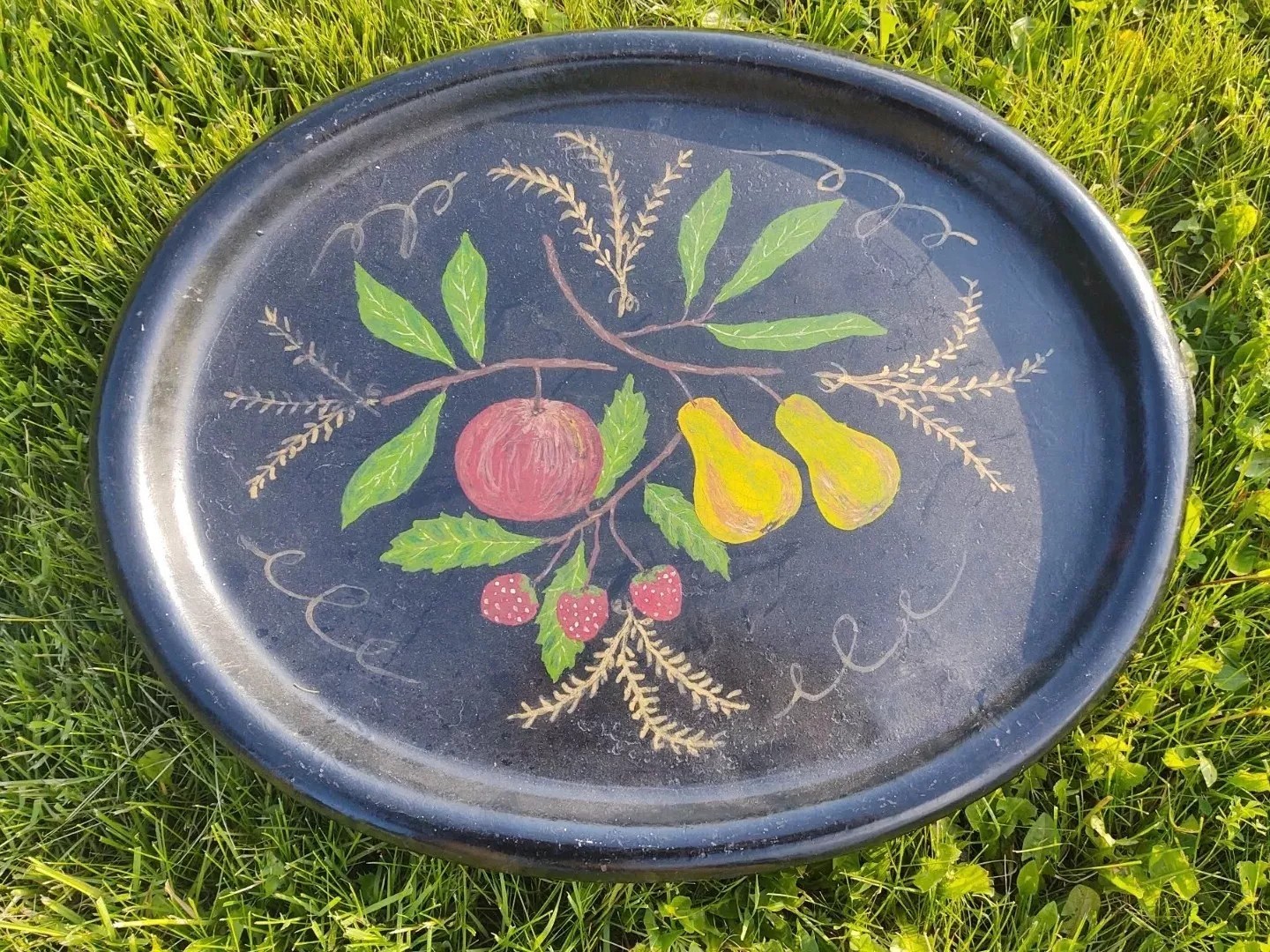 VTG HAND PAINTED TOLEWARE Floral Fruit Folk Tole Art Metal Tray Ingalls Family VTG HAND PAINTED TOLEWARE Floral Fruit Folk Tole Art Metal Tray Ingalls Family