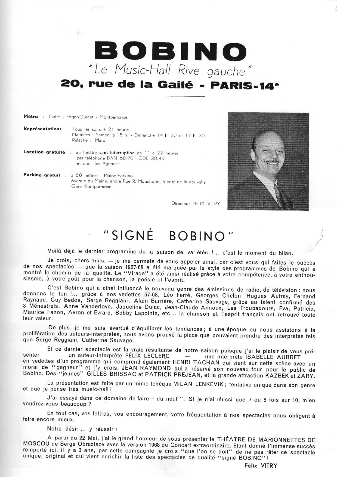 ISABELLE AUBRET ORIGINAL BOBINO PROGRAM SIGNED BY THE ARTIST - 05/1968