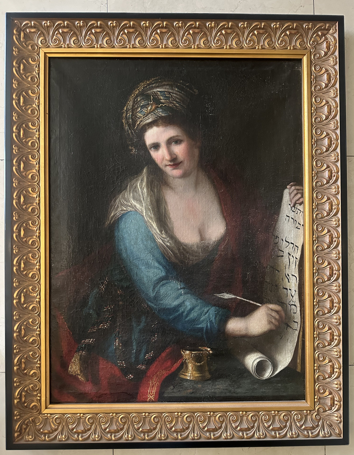 Antique Judaica Painting of a woman writing a religious script Antique Judaica Painting of a woman writing a religious script