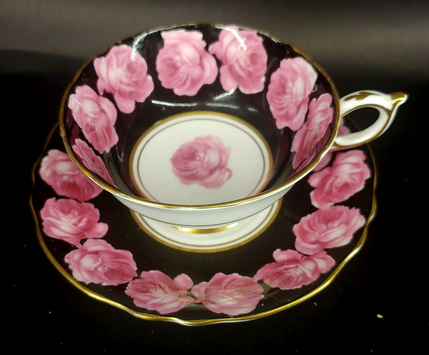 Paragon Pink Cabbage Rose Black Cup & Saucer Double Warrant England mABQ