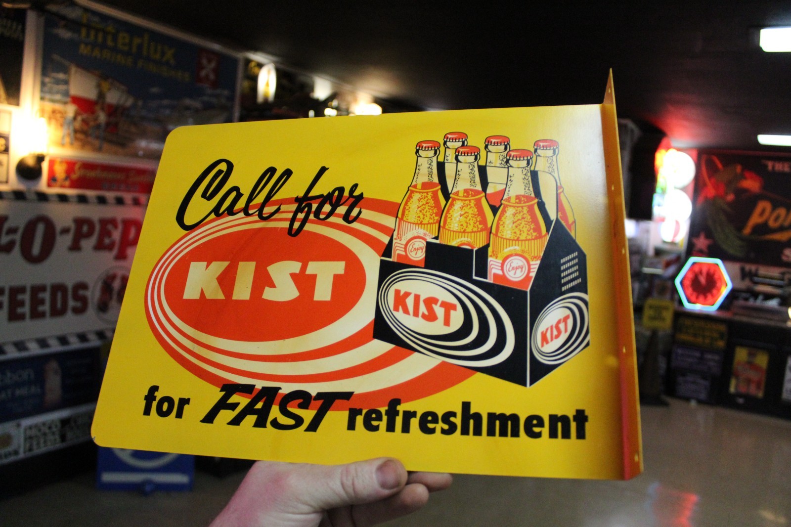 RARE 1950s ORANGE KIST SODA POP PAINTED METAL 2-SIDED FLANGE SIGN CRUSH KISS GAS
