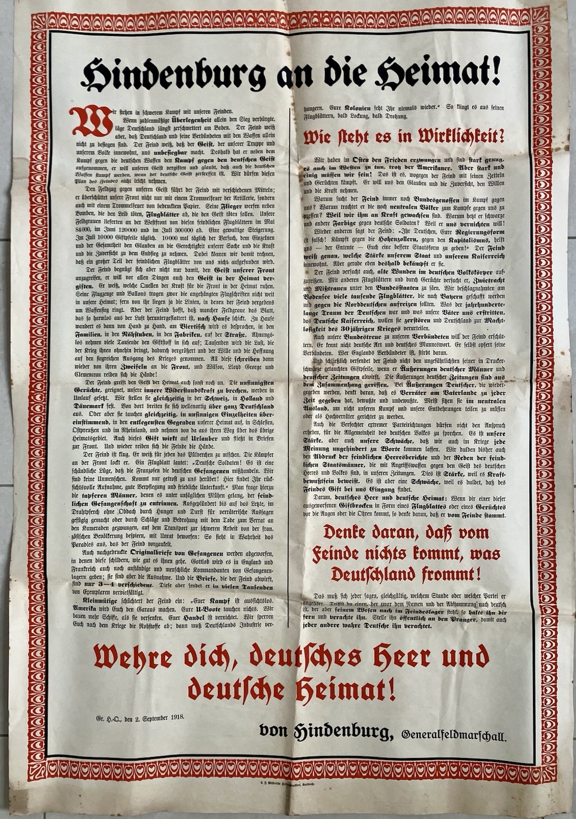 1918 Colour Poster “Hindenburg an die Heimat” - Müllersche Hofbuchdruckerei WW1