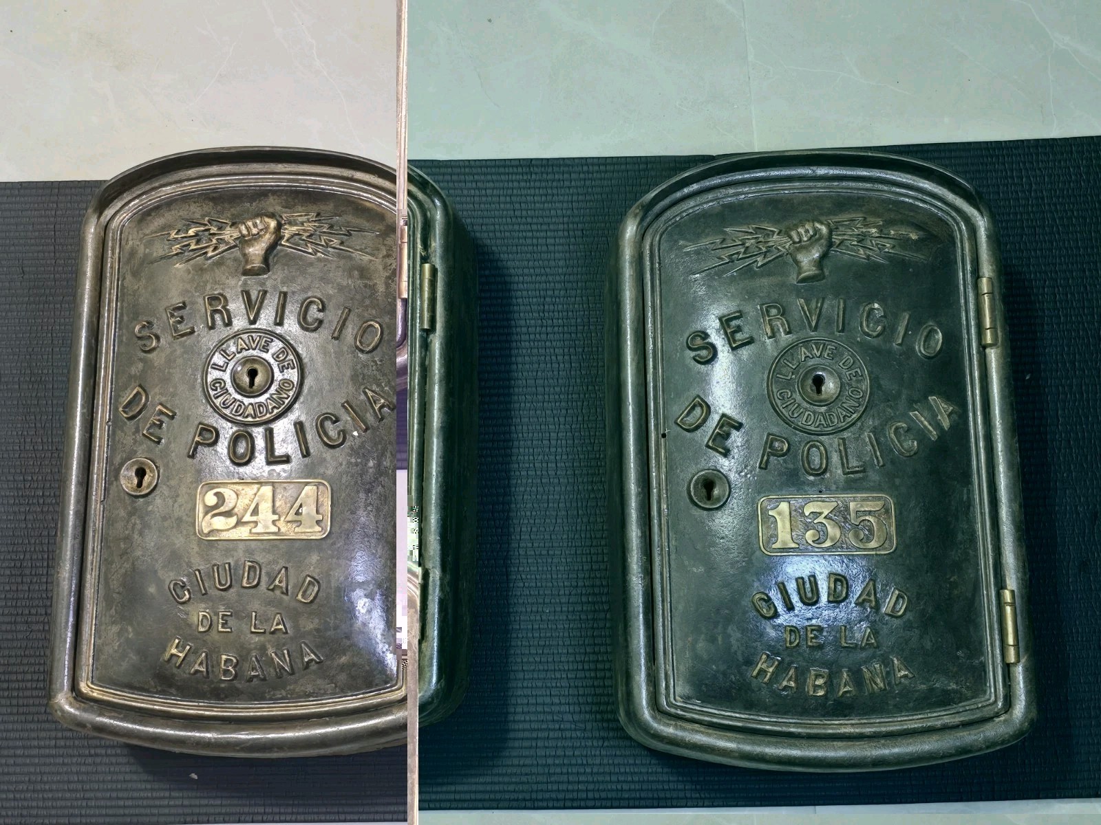 Antique Cast Iron Habana Police Mailboxes Pair Police Memorabilia c.1900 Rare Antique Cast Iron Habana Police Mailboxes Pair Police Memorabilia c.1900 Rare