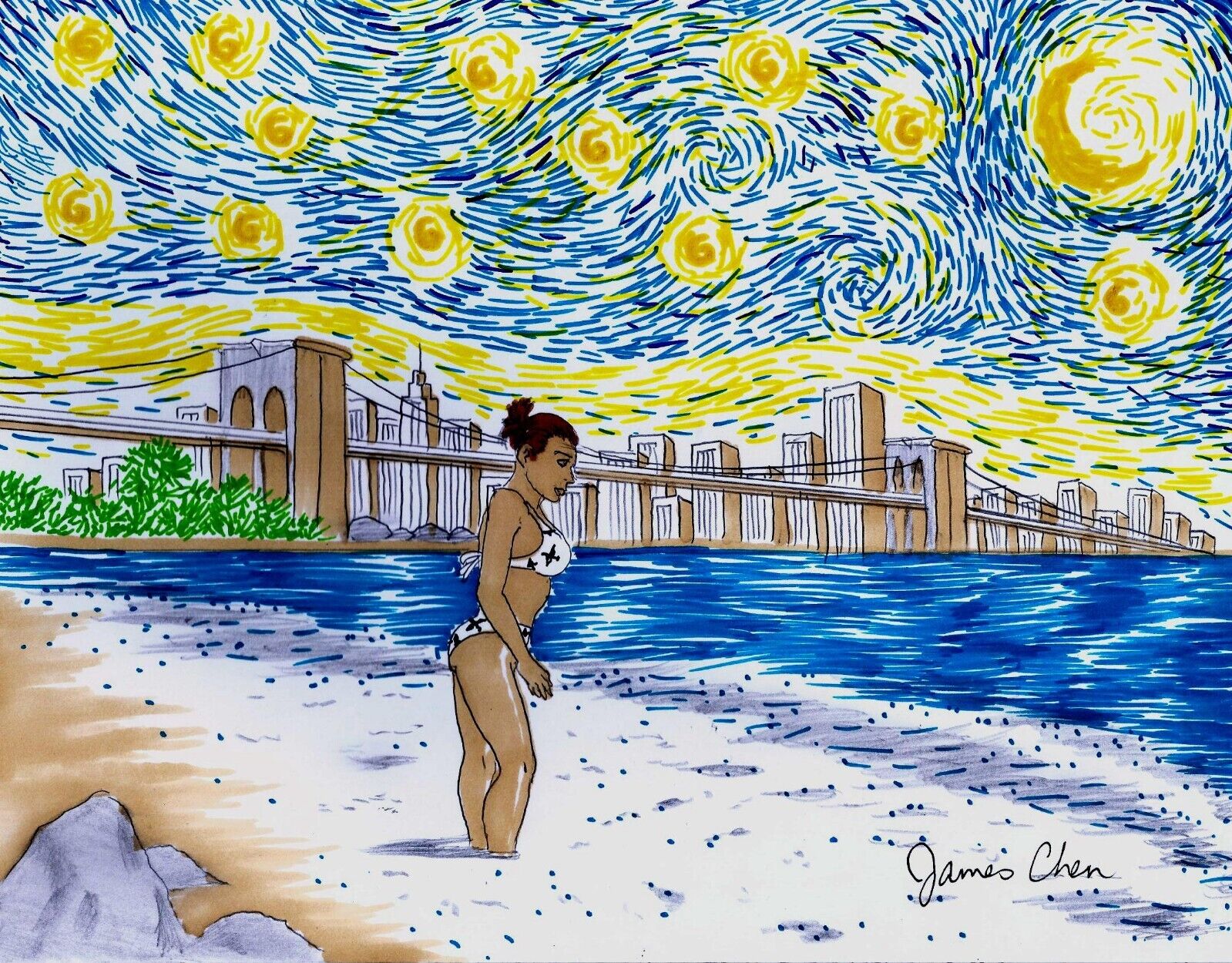 ANA ON THE BEACH ON A STARRY NIGHT IMPRESSIONIST FINE ART BY COMIC ARTIST J CHEN