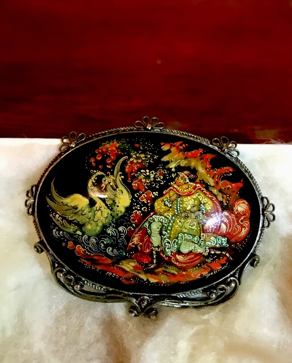 Palekh Russian Lacquer Jewelry By Famous Nikolai Kraykin, Rare And Very Unique