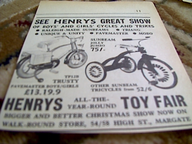 67-5 ephemera 1964 advert henrys toy fair margate tricycles bikes