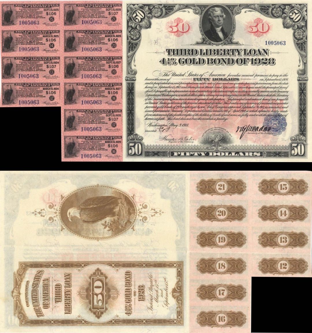 $50 1918 3rd Liberty Bond - 4 1/4% Gold Bond of 1928 - Gorgeous Red Color - U. $50 1918 3rd Liberty Bond - 4 1/4% Gold Bond of 1928 - Gorgeous Red Color - U.
