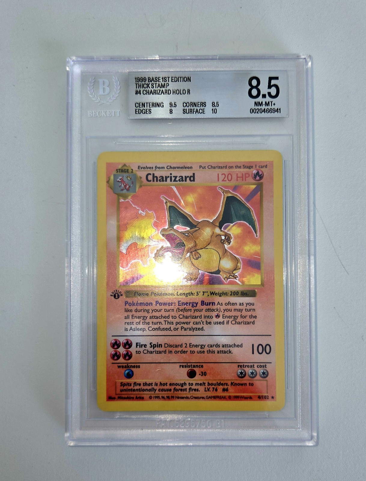 Pokemon Base Set Charizard Holo Card 4/102 1st Edition BGS 8.5 (New Cert) First Pokemon Base Set Charizard Holo Card 4/102 1st Edition BGS 8.5 (New Cert) First