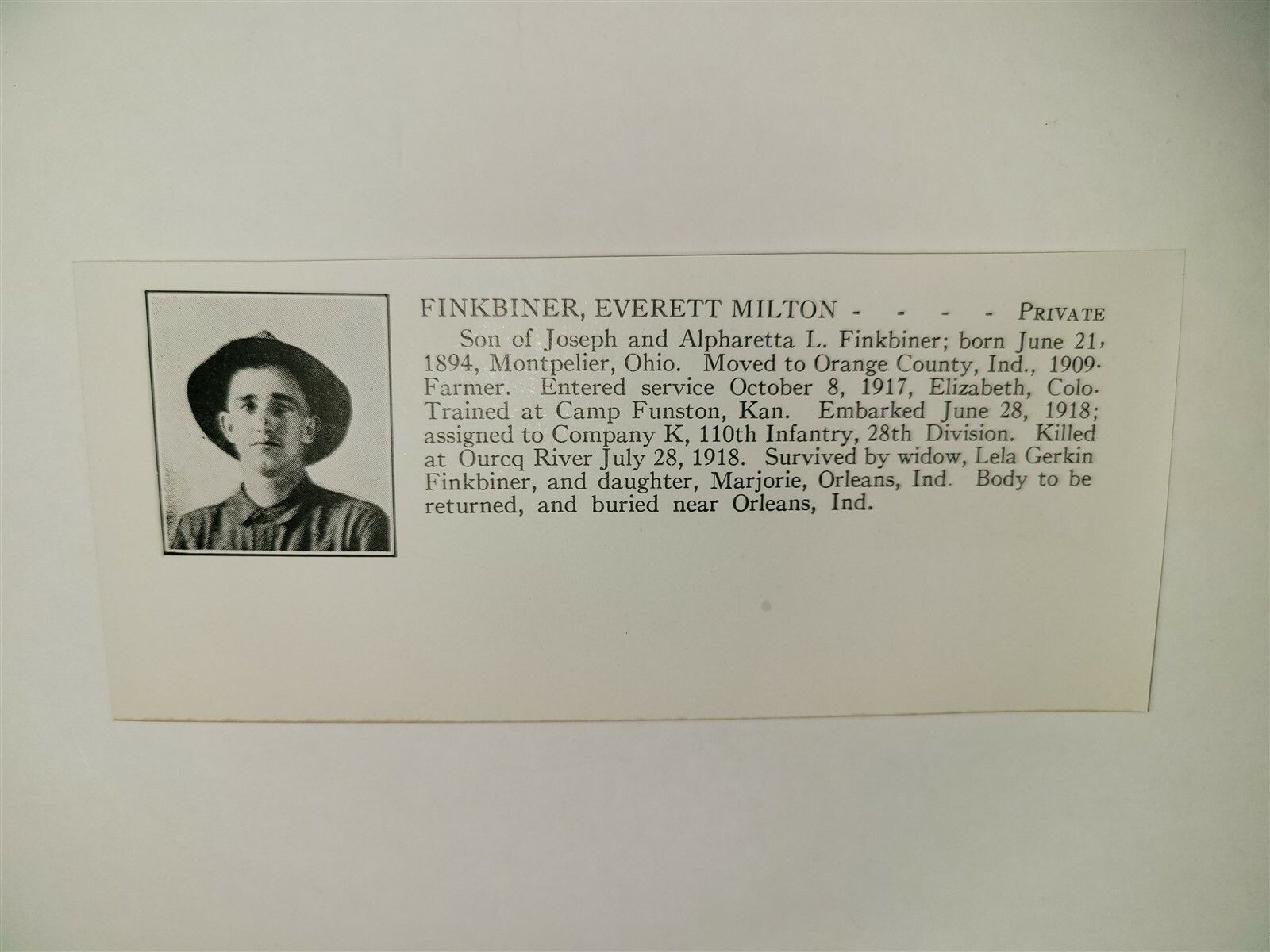 Everett Finkbiner Montpelier Ohio Camp Funston 110th Infantry 1921 WW1 Hero Pnel Everett Finkbiner Montpelier Ohio Camp Funston 110th Infantry 1921 WW1 Hero Pnel