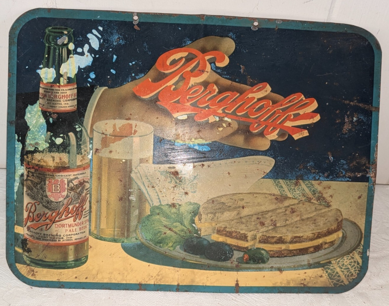 Vtg Antique Metal Berghoff Beer Fort Wayne Ind Tax Paid Internal Revenue Law