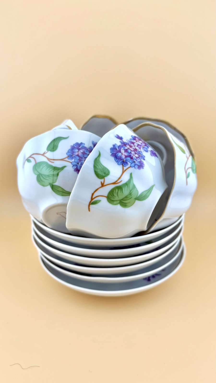 Vintage Dulevo Porcelain Tea Set 15 pcs, 6 person USSR Rare Lilac Gold Trim 2005