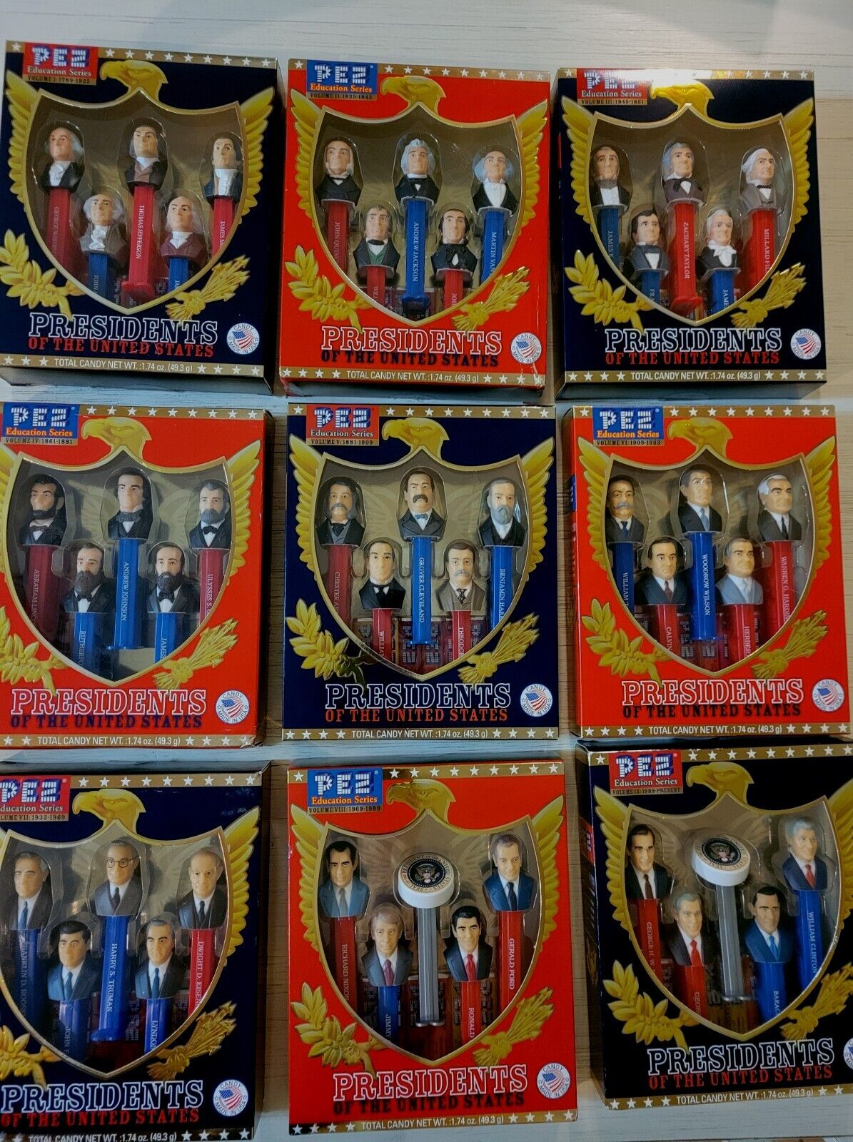 Complete set 1-9 Sealed Pez Educational Series Presidents of the United States 