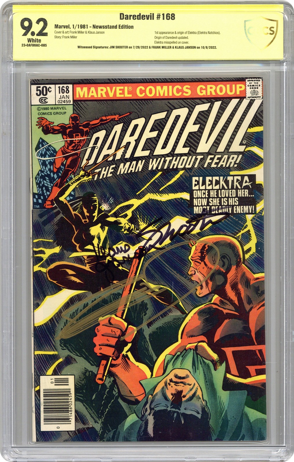 Daredevil #168N Newsstand CBCS 9.2 Witnessed Sig Shooter/Miller/Janson 1981
