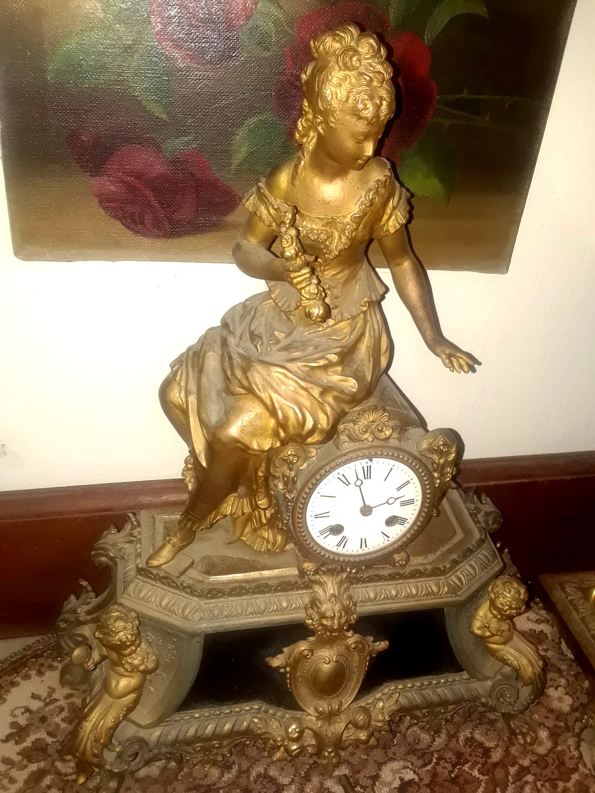 Antq French Empire Gilded Bronze 8-Day Clock◇Maiden◇Cherubs◇Lion Figurals◇Statue Antq French Empire Gilded Bronze 8-Day Clock◇Maiden◇Cherubs◇Lion Figurals◇Statue