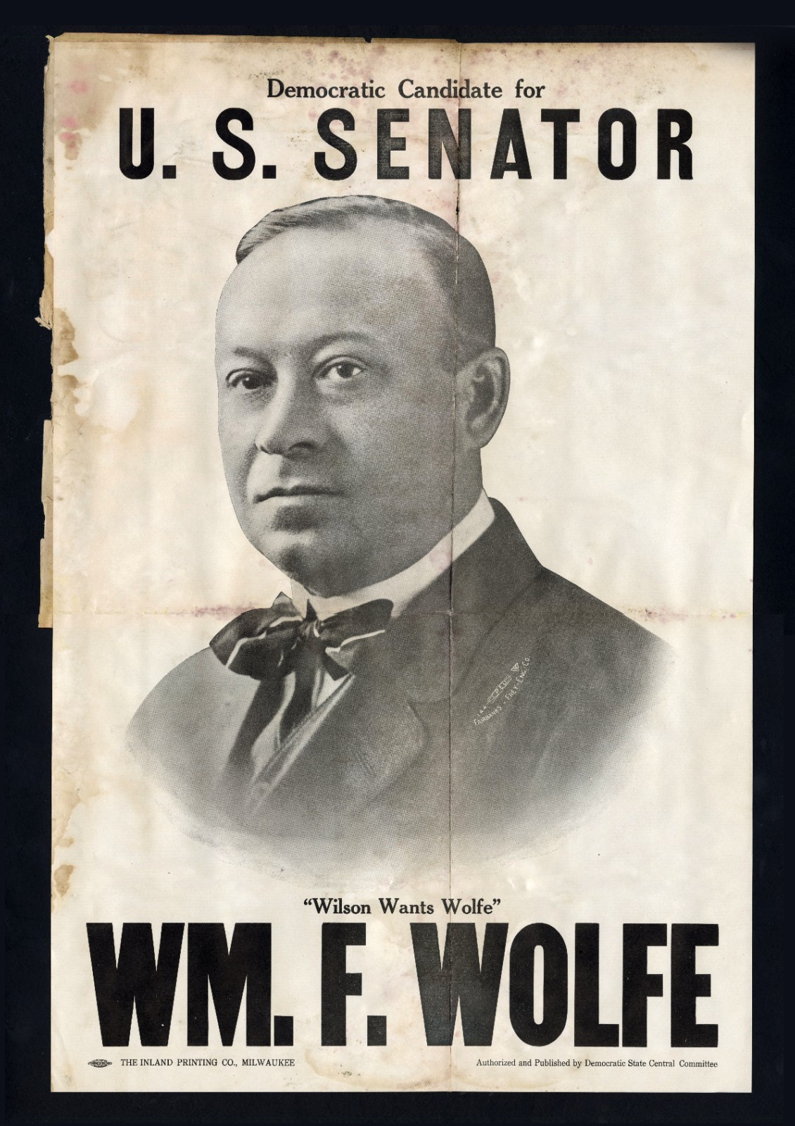 1916 William F. Wolfe WI Senator Democratic Campaign Poster 24x14 Woodrow Wilson