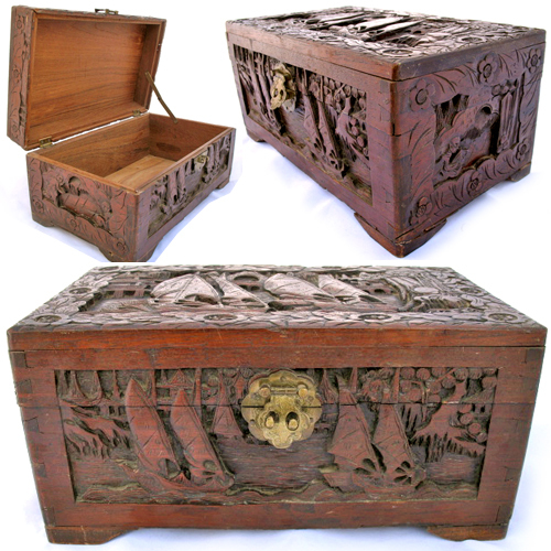 Vintage Old Wood Wooden Jewelry Treasure BOX CARVED Schooner Sail Sea Boat Boats Vintage Old Wood Wooden Jewelry Treasure BOX CARVED Schooner Sail Sea Boat Boats