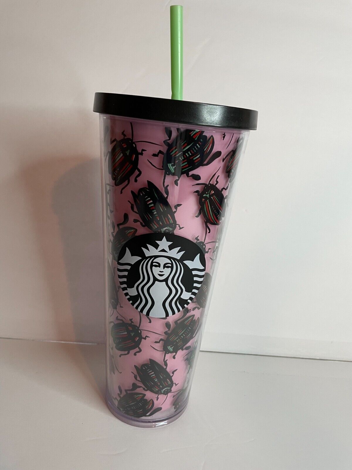 Starbucks RARE HTF Pink Beetle Bug Cold Cup Tumbler, 24 oz. Venti Pink BNWT