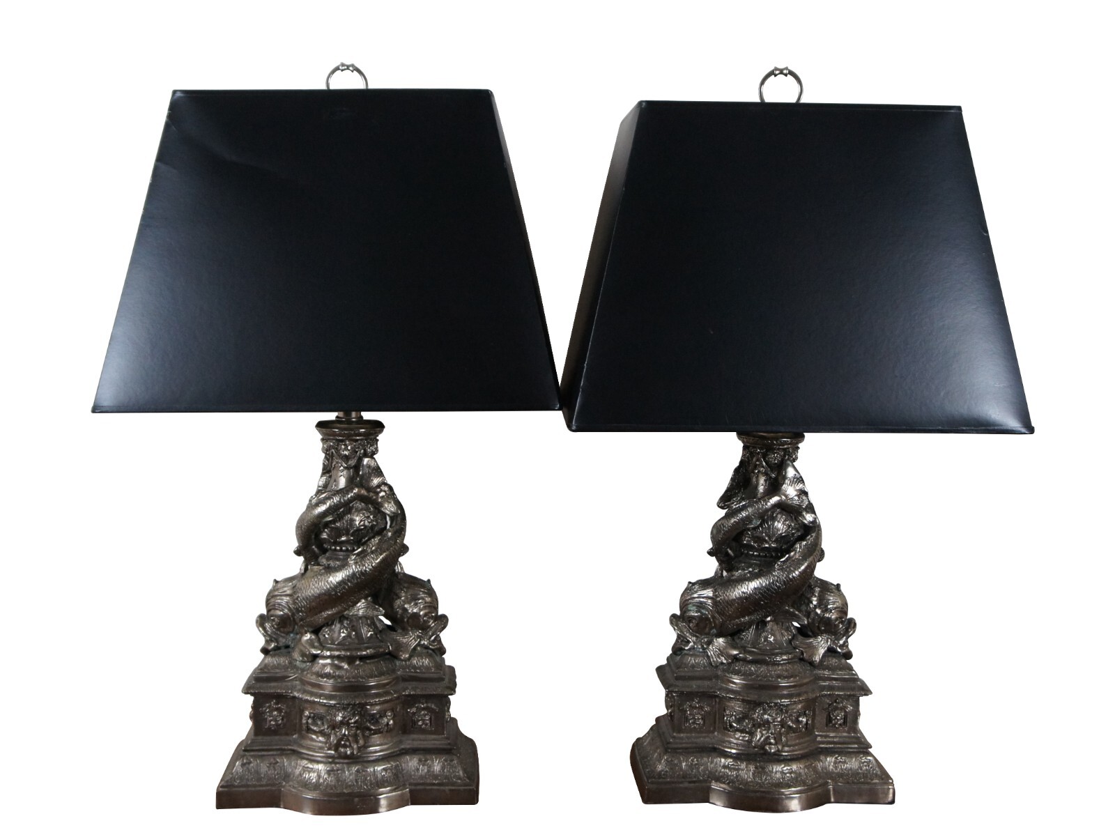 2 Maitland Smith Silver Neoclassical Delphin Koi Fish Table Banquet Lamps 32