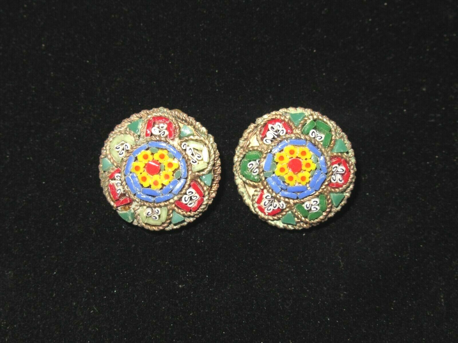 Vintage 1930-40's  Italian Glass Micro Mosiac Clip Earrings 