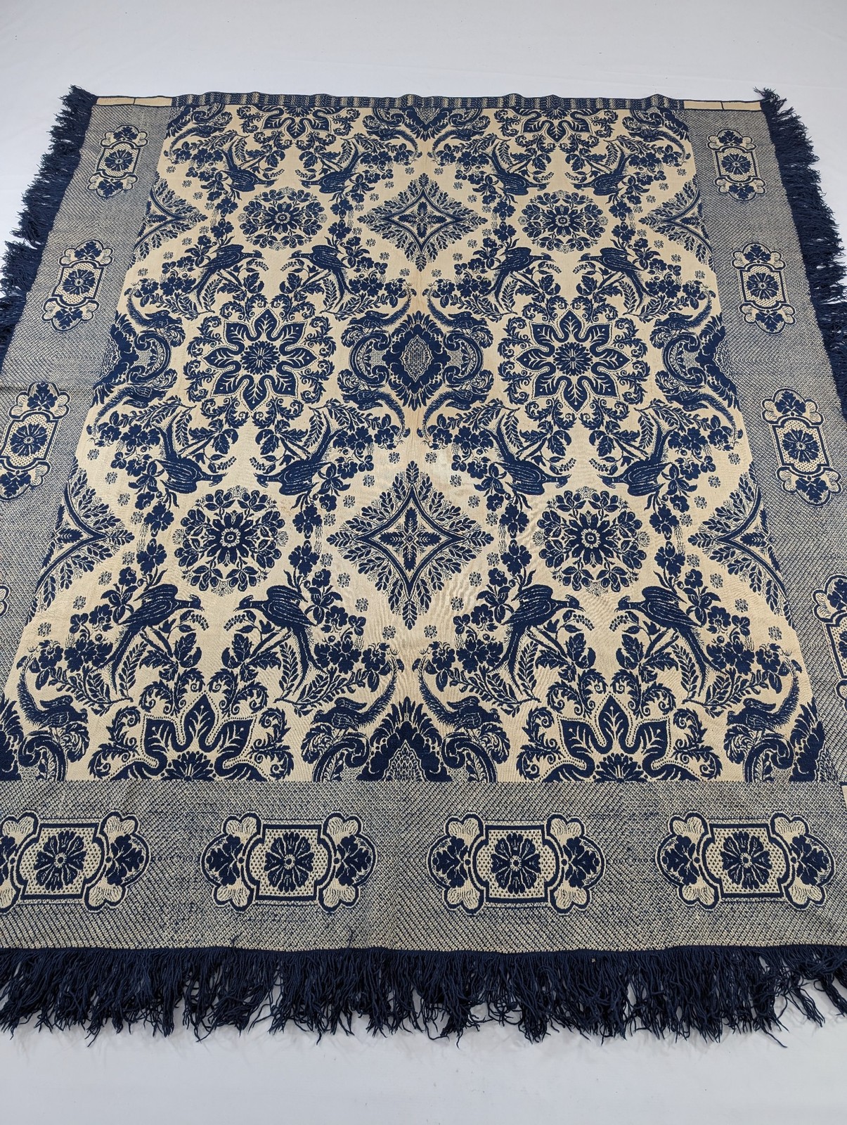 Antique American Jacquard Woven Bird of Paradise Reversible Coverlet 217x183cm