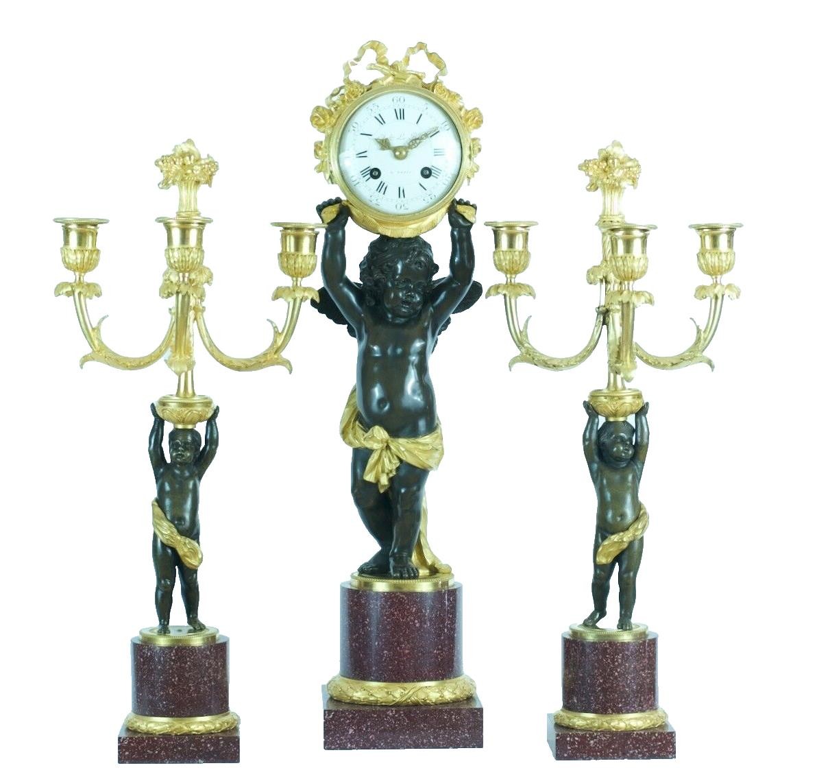 Antique Pendulum Signed HENRY DASSON Bronze Golden Porphyry Love Angel 2 Danish