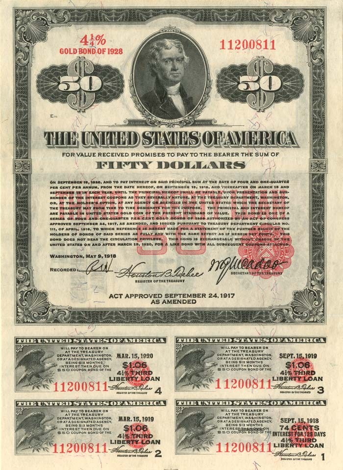 $50 Third Liberty Loan Bond - 1918 dated Fifty Dollar 4 1/4% Third Liberty Loa $50 Third Liberty Loan Bond - 1918 dated Fifty Dollar 4 1/4% Third Liberty Loa