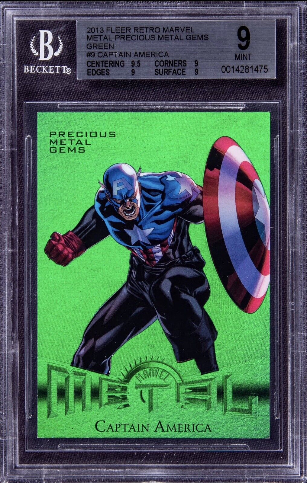 2013 Marvel Fleer Retro Captain America Precious Metal Gems PMG Green 1/10 BGS 9