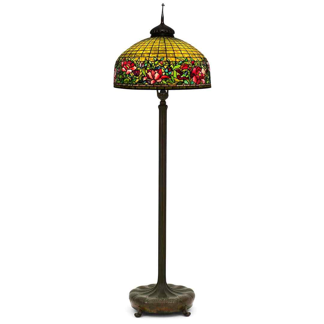 Antique Tiffany Studios Floor Lamp with Peony Border Antique Tiffany Studios Floor Lamp with Peony Border