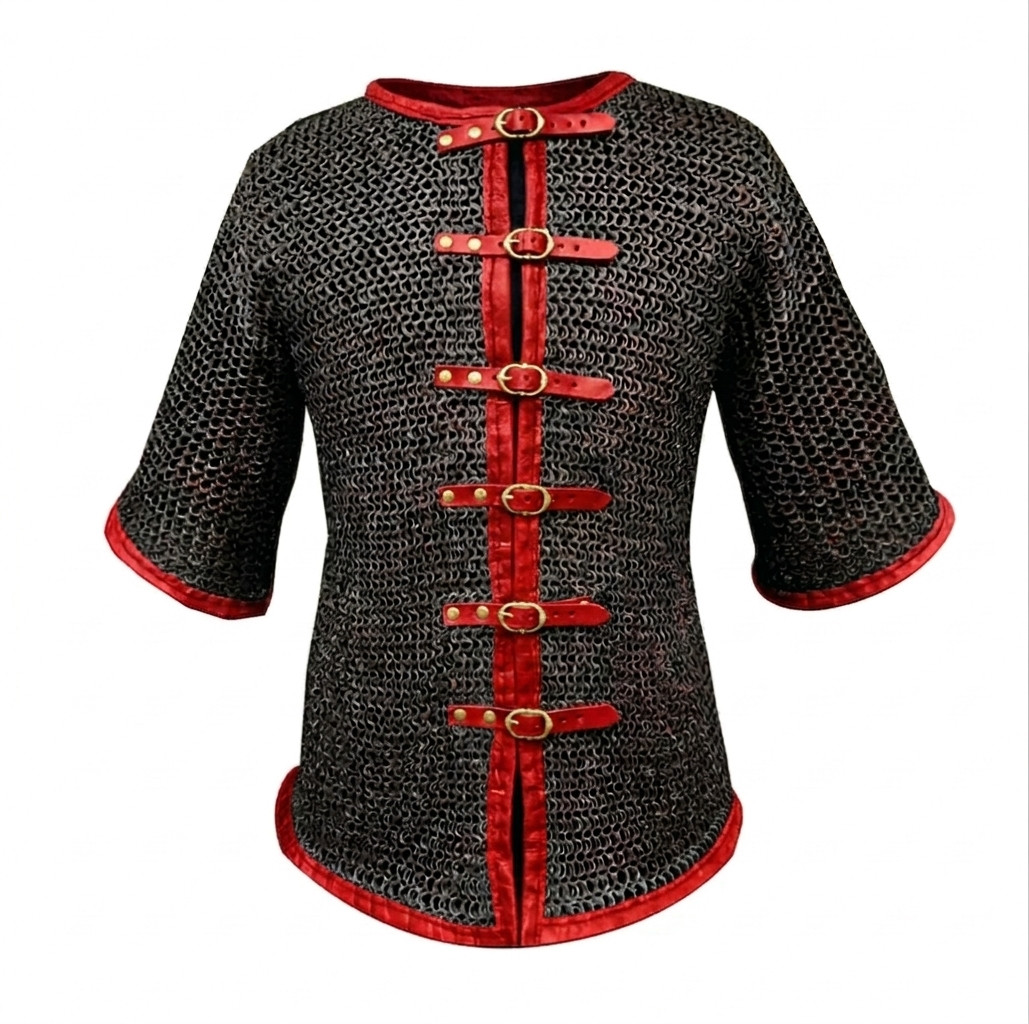8 mm Riveted Chainmail Armor Red Leather Chain mail Hauberk Viking Armour LARP 8 mm Riveted Chainmail Armor Red Leather Chain mail Hauberk Viking Armour LARP