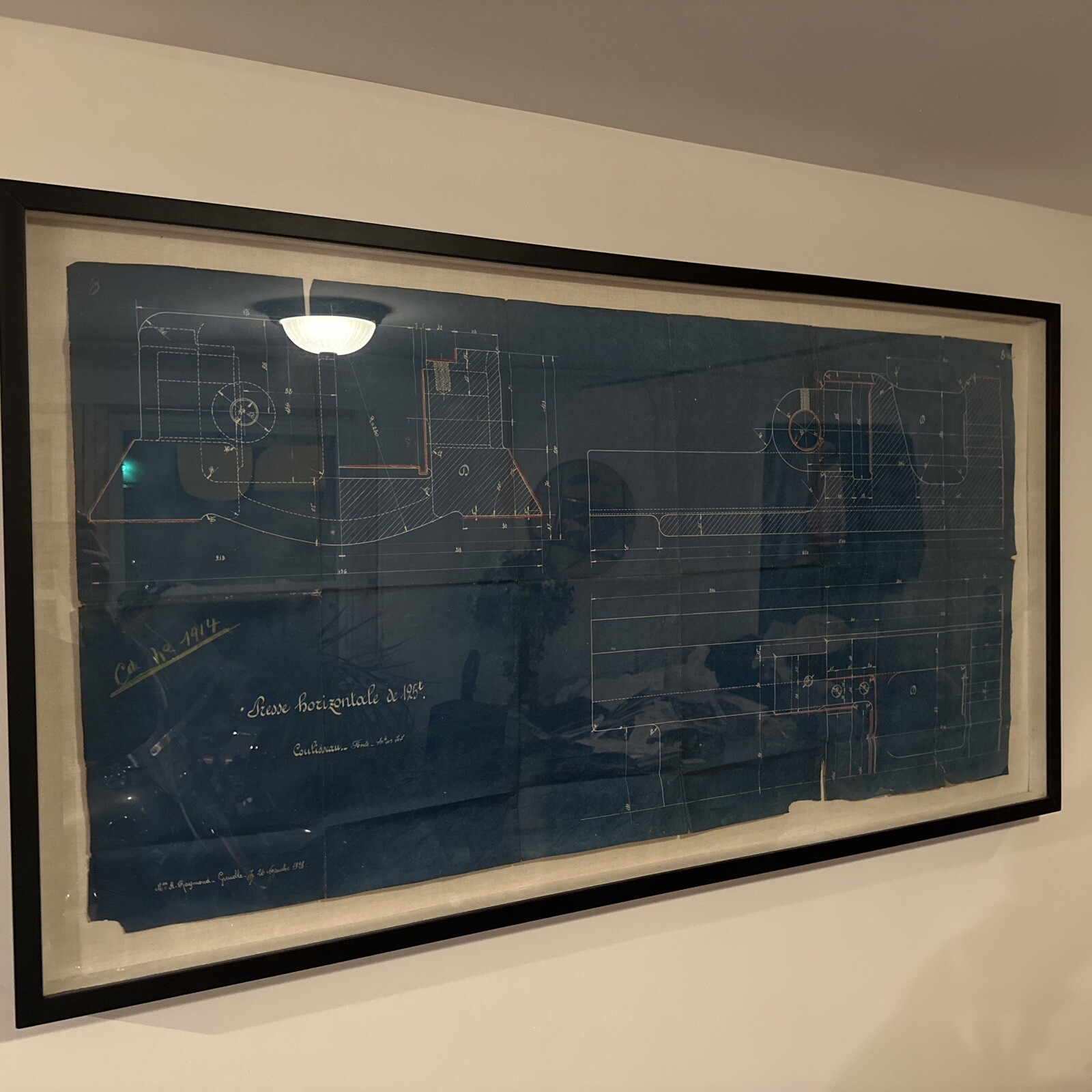 1928 Antique Drill Press French Blueprint in Custom Shadow Box