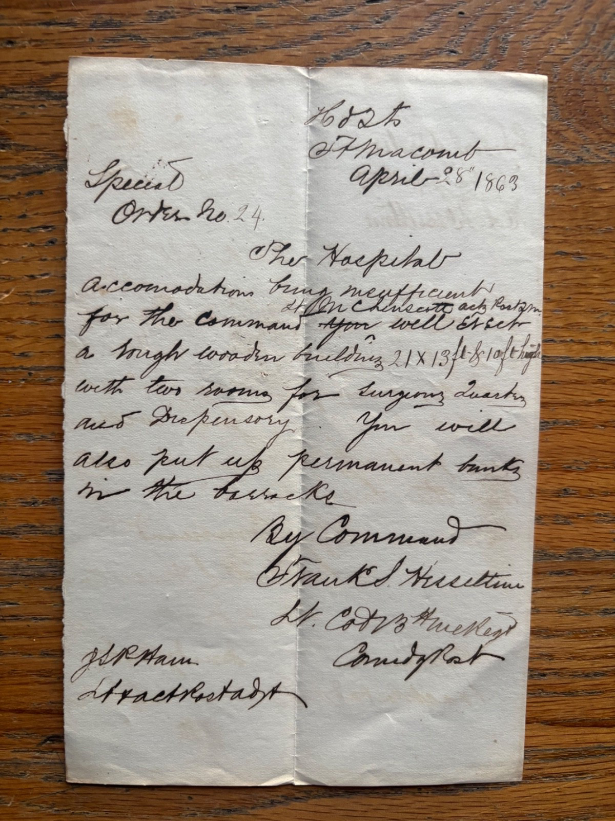 Original 1863 Civil War Union Fort Macomb Hospital Order Signed Manuscript Original 1863 Civil War Union Fort Macomb Hospital Order Signed Manuscript