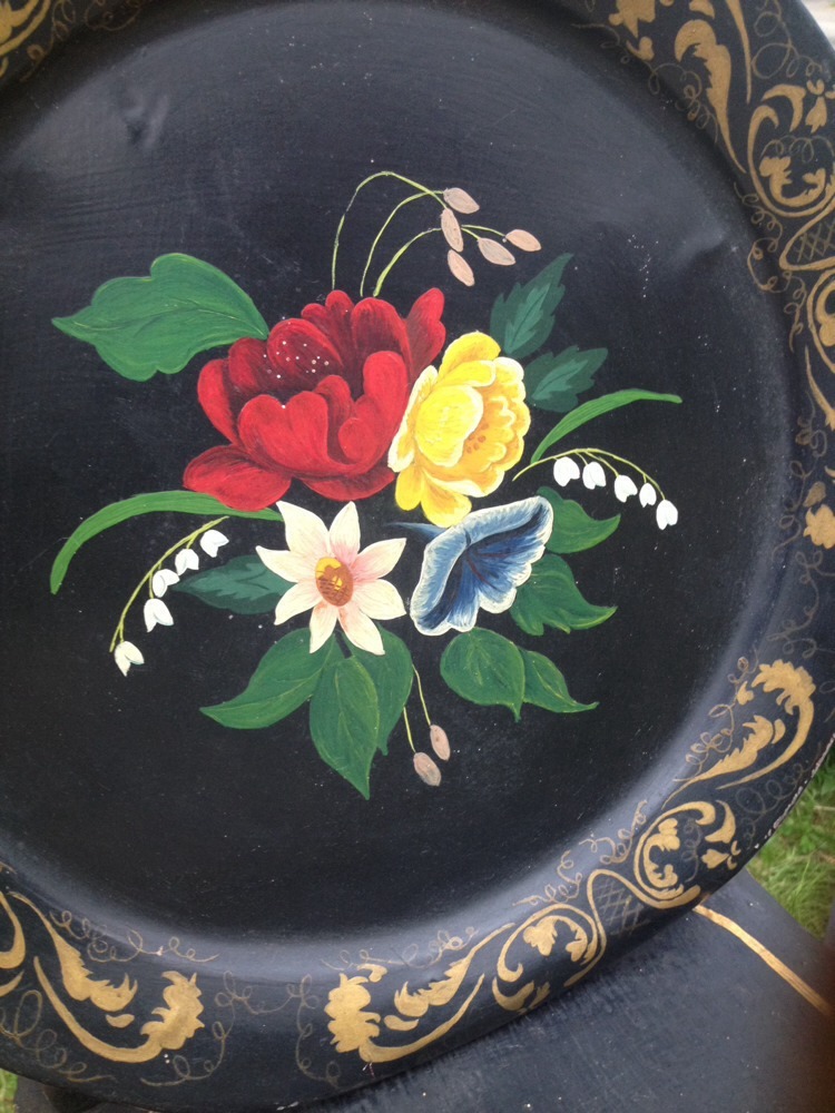 Painting TOLEWARE Floral Folk Tole Art Metal Tray Black VTG Laura Ingalls Family