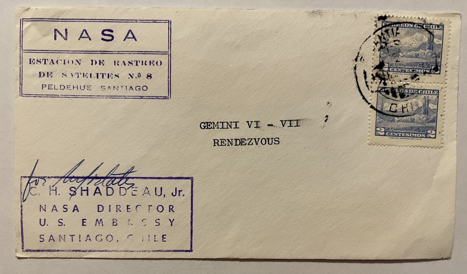RARE CHILE COVER NASA GEMINI VI-VII RENDEZVOUS SIGNED BY DIRECTOR SHADDEAU JR RARE CHILE COVER NASA GEMINI VI-VII RENDEZVOUS SIGNED BY DIRECTOR SHADDEAU JR