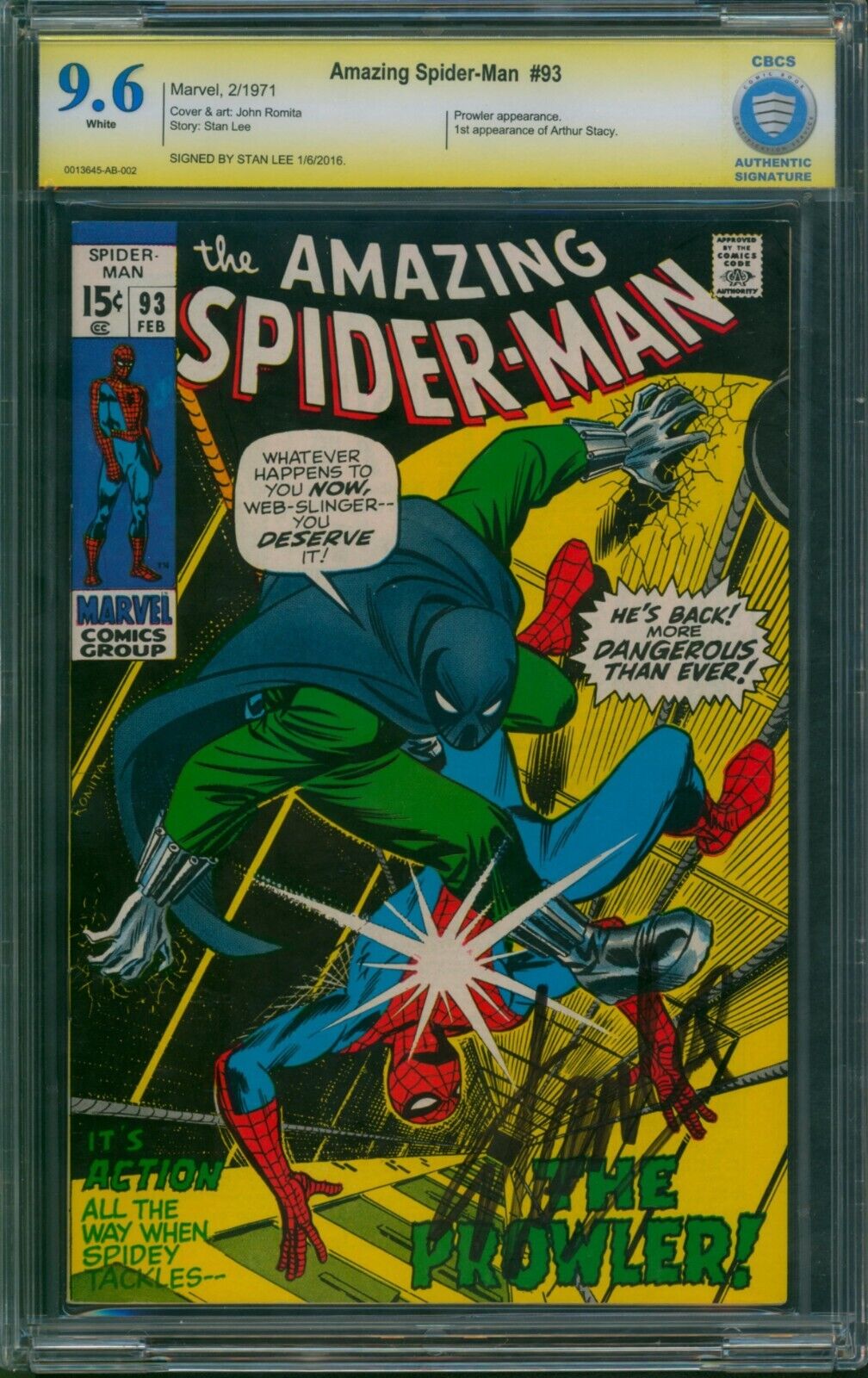 AMAZING SPIDER-MAN #93 ⭐ CBCS 9.6 SIGNED STAN LEE ⭐ 1st Arthur Stacy Marvel 1971