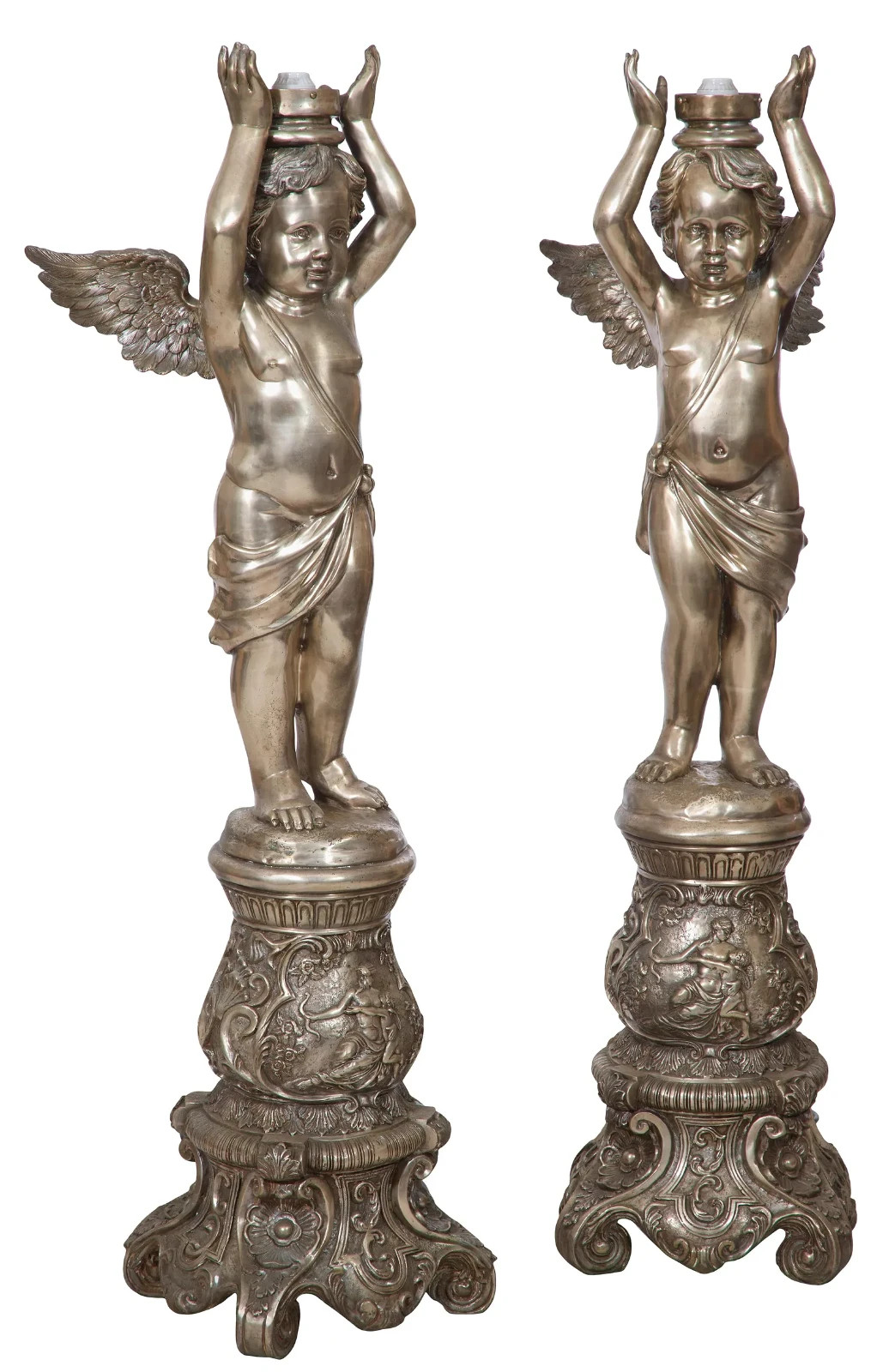 RARE MONUMENTAL Antique Pair of Silvered Bronze Cherub Floor Torchieres-61