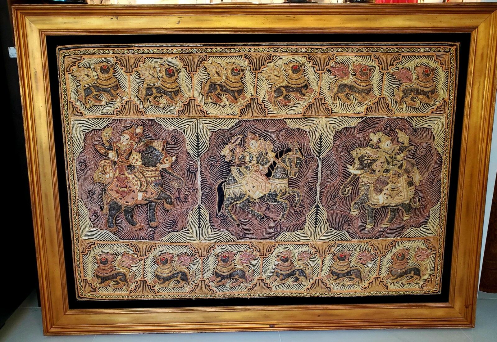 HEAVY LARGE FRAMED Vintage Burmese KALAGA Hand Crafted Embroidered Tapestry HEAVY LARGE FRAMED Vintage Burmese KALAGA Hand Crafted Embroidered Tapestry