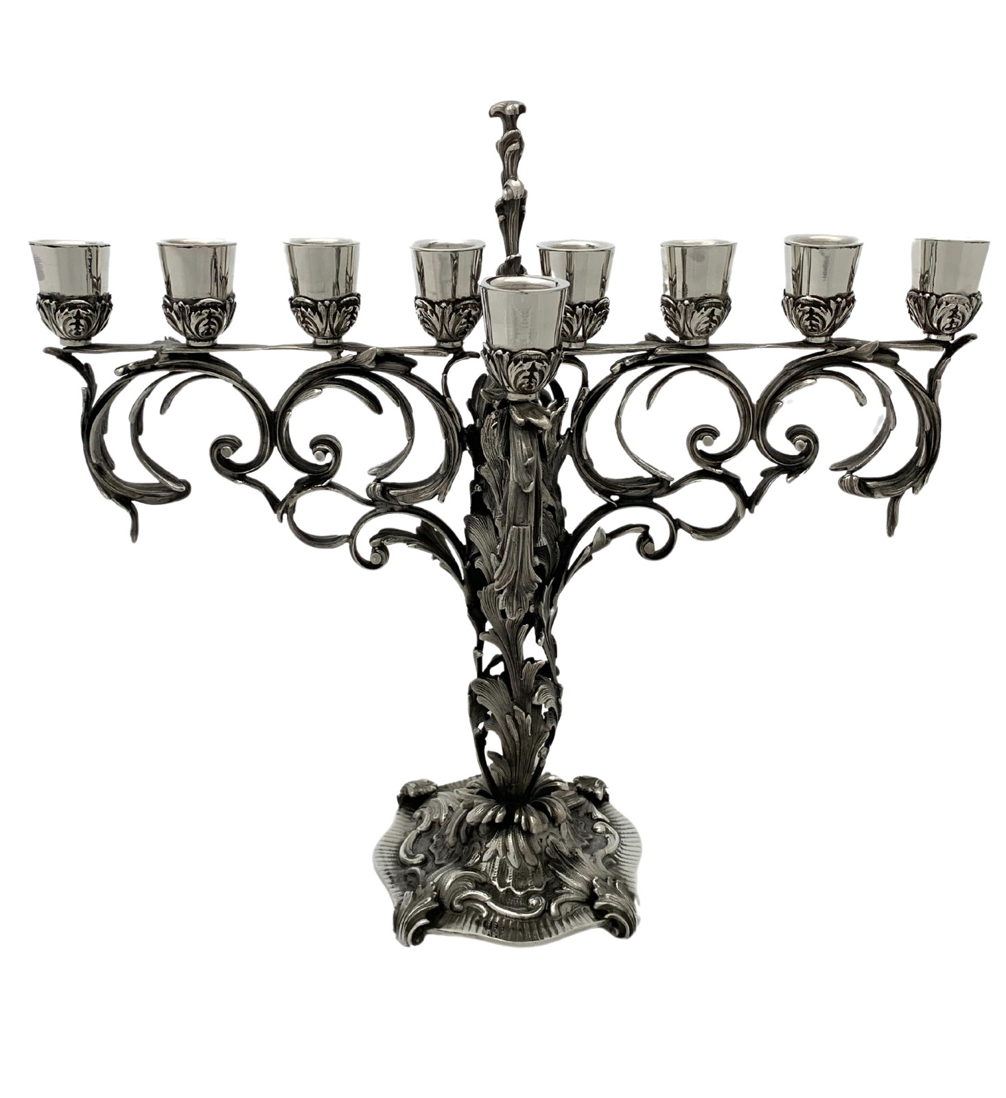 ITALIAN 925 STERLING SILVER HANDMADE HEAVY LEAF APPLIQUE ORNATE SHINY MENORAH ITALIAN 925 STERLING SILVER HANDMADE HEAVY LEAF APPLIQUE ORNATE SHINY MENORAH