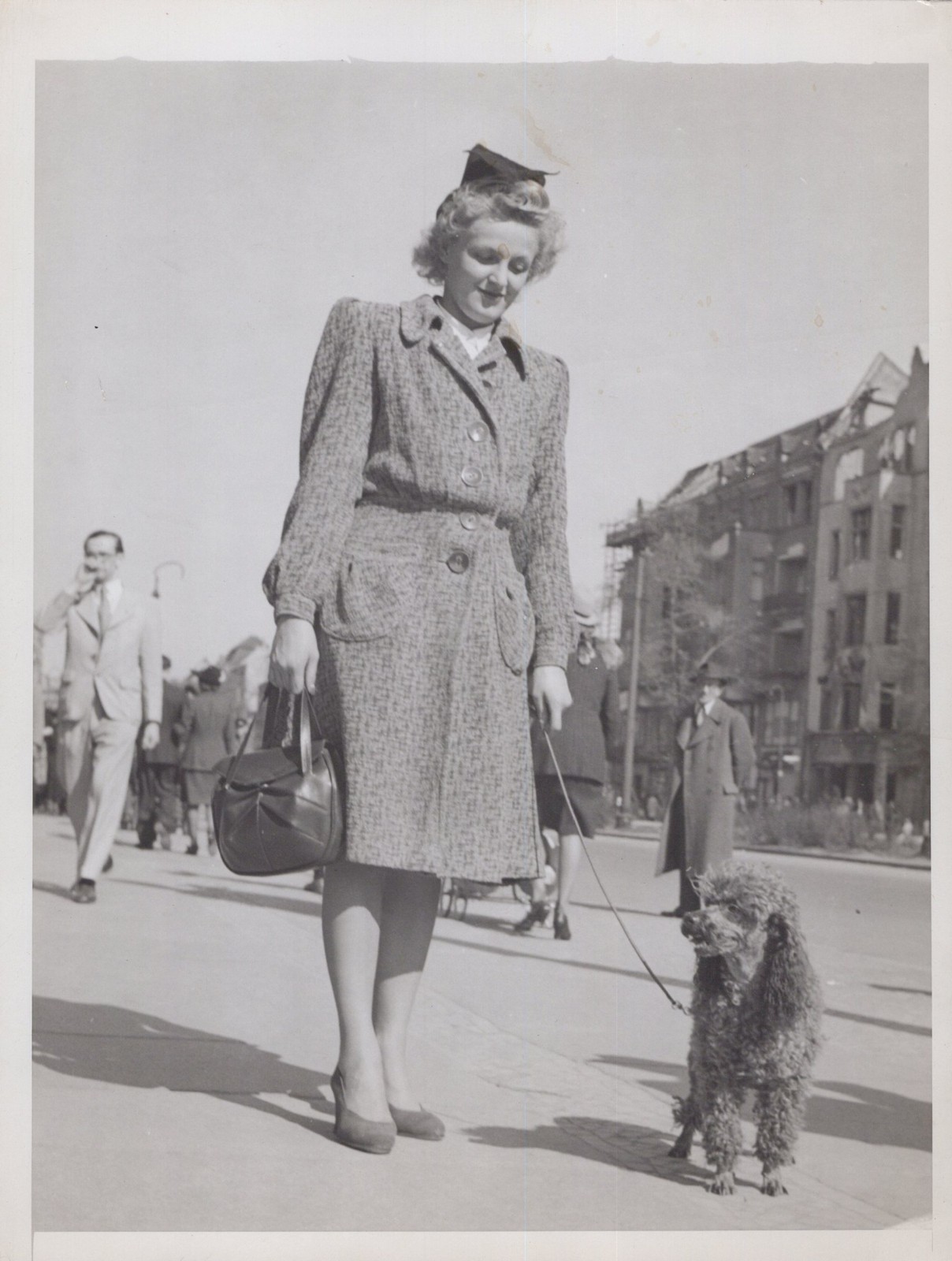 Postwar Berlin Kaiser Wilhelm Church poodle 1946 - Original Press Photo Postwar Berlin Kaiser Wilhelm Church poodle 1946 - Original Press Photo