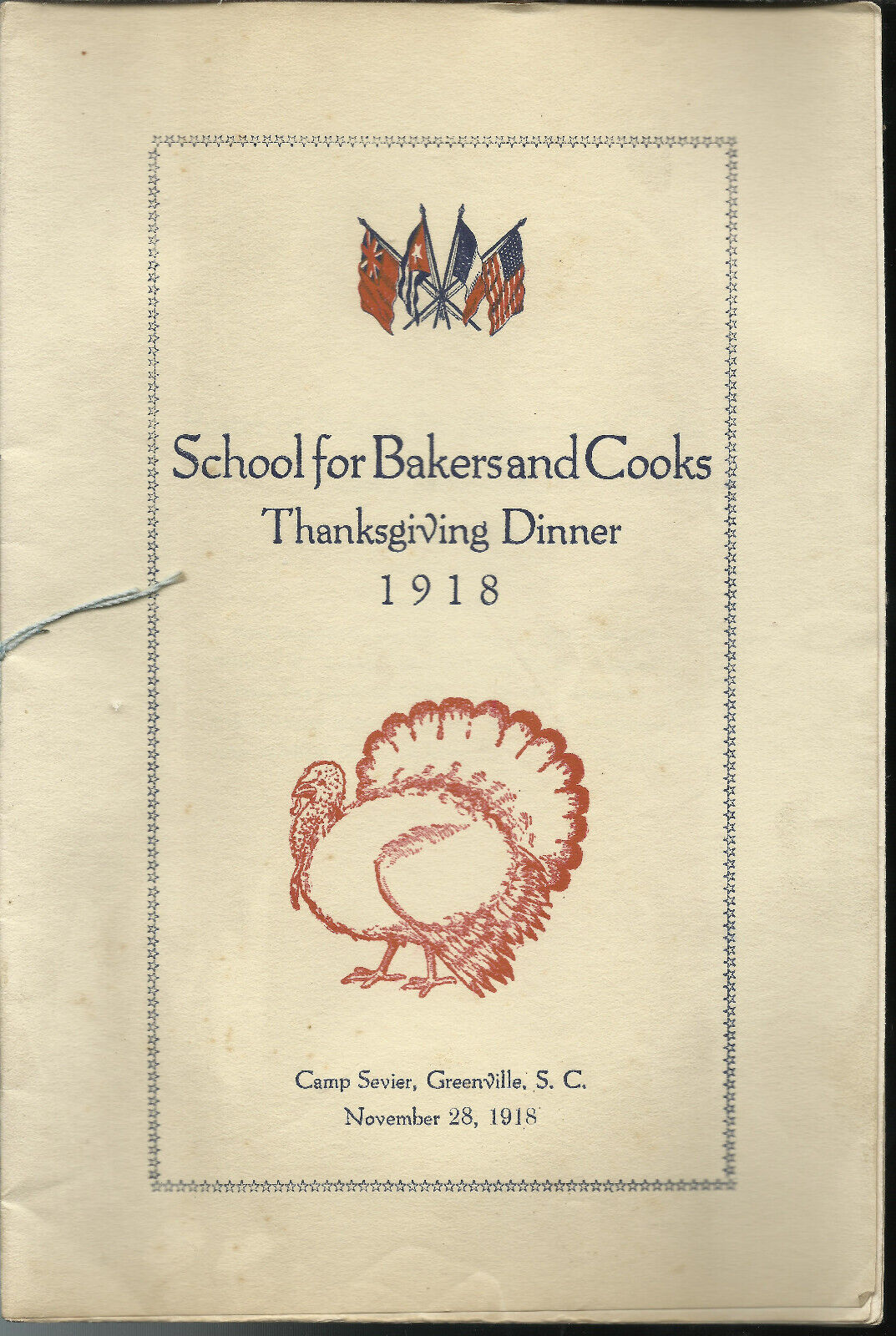 School Bakers Cooks Thanksgiving Dinner WWI 1918 PROGRAM ROSTER Camp Sevier
