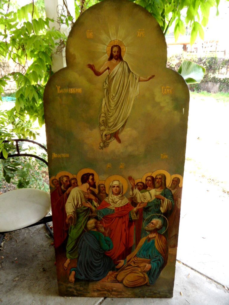 19C Large Antique Russia Russian Church  Ascension of God Icon 64 x 28 inch