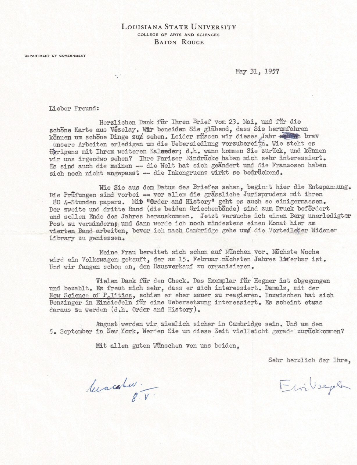 Eric Voegelin Philosopher 1957 Typed Signed Letter LSU Impressions Paris French