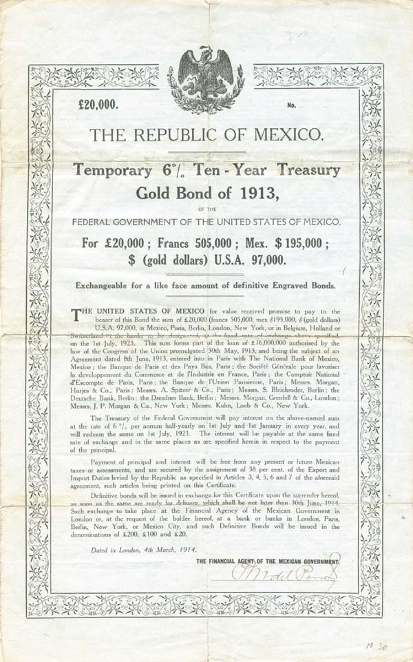 Double White Dove - Republic of Mexico - 1913 dated 20,000 British Pounds Mexi