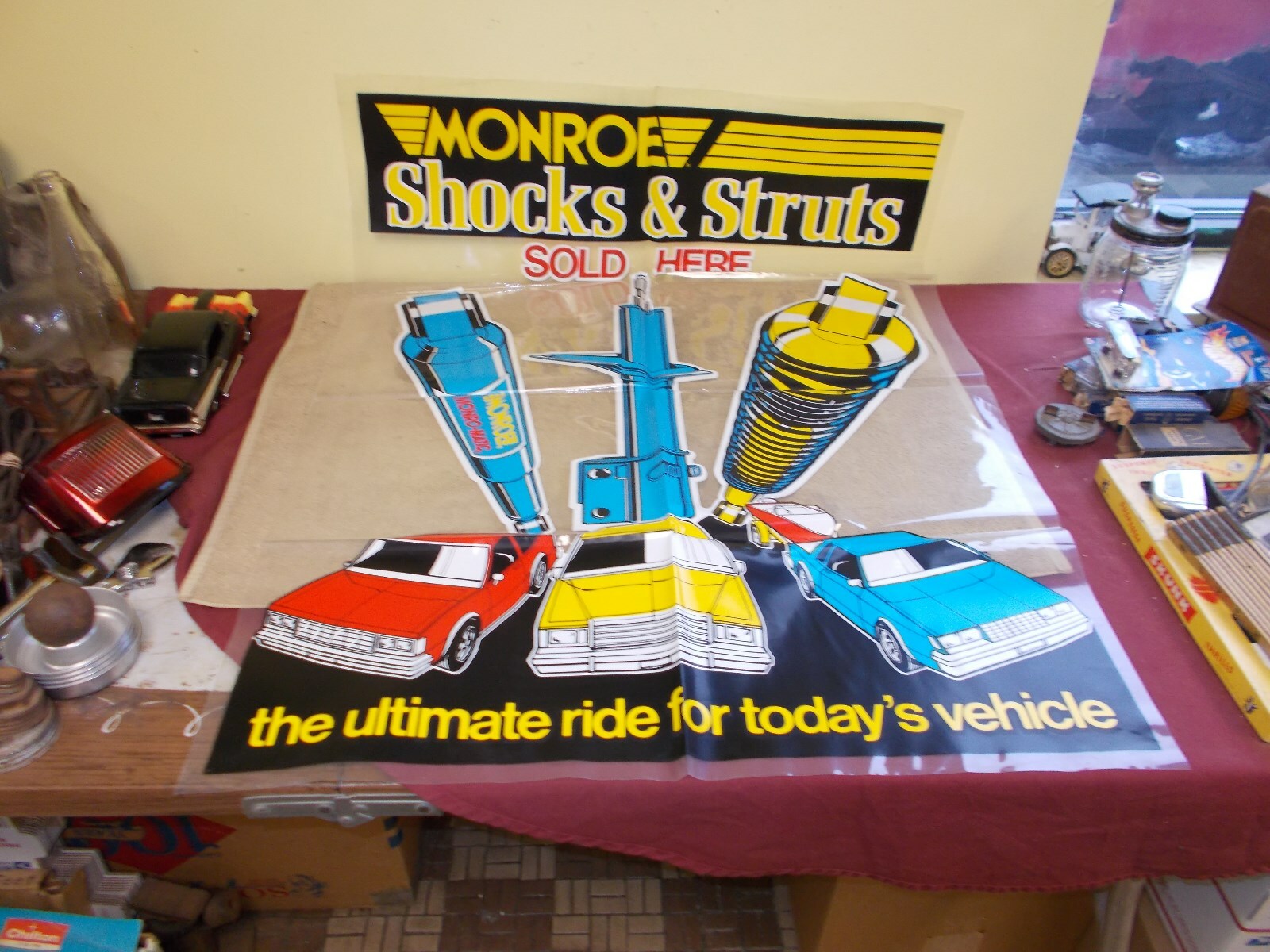VGT ORIGINAL 1980s NOS MONROE SHOCK SIGN ADVERTIZING BANNER FORD CHEVY DODGE VGT ORIGINAL 1980s NOS MONROE SHOCK SIGN ADVERTIZING BANNER FORD CHEVY DODGE