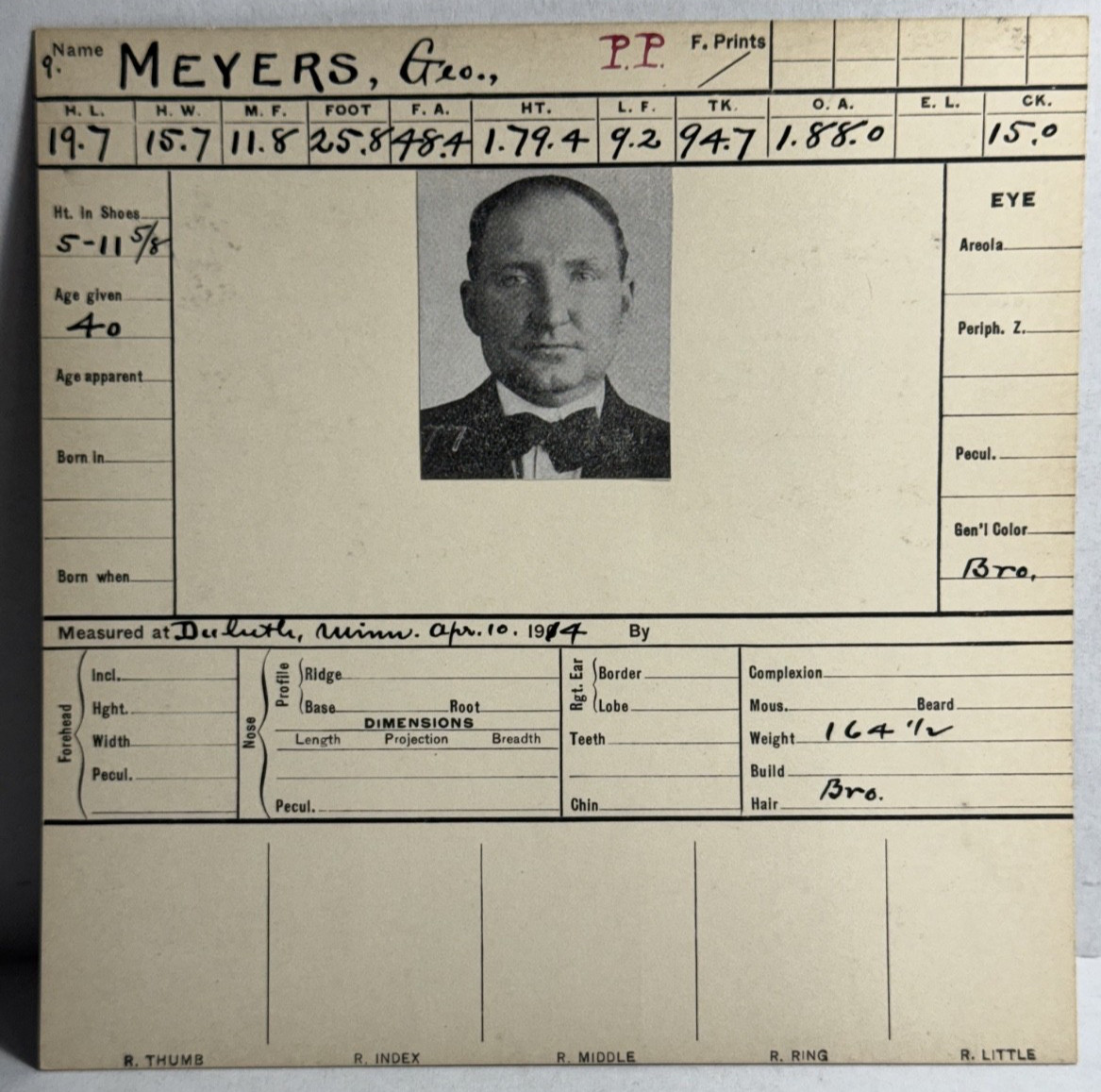 Original 1914 Duluth Police Bertillon Identification Card Mugshot Photo EX Shape Original 1914 Duluth Police Bertillon Identification Card Mugshot Photo EX Shape
