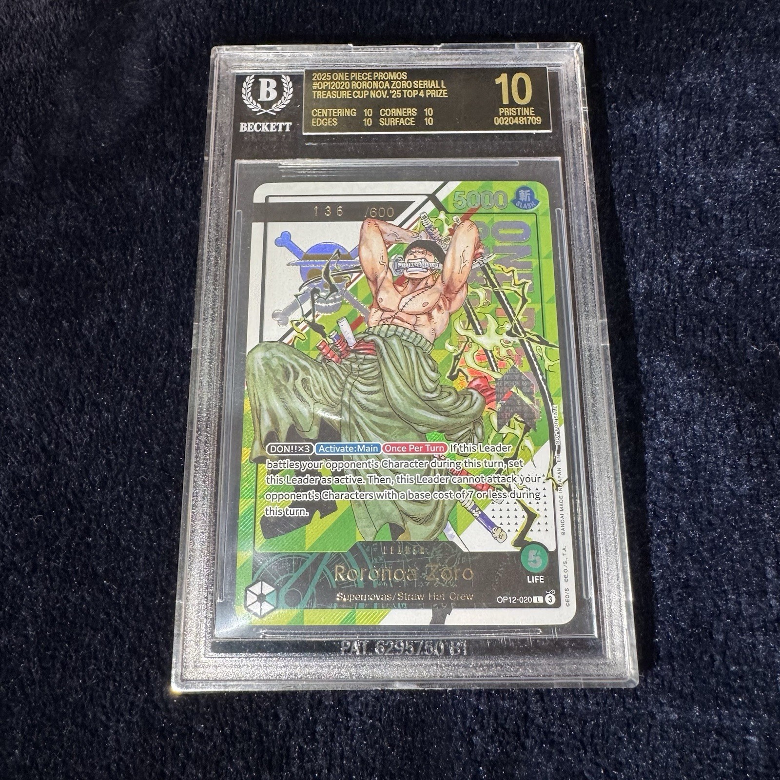 2025 ONE PIECE RORONOA ZORO TREASURE CUP PRIZE SERIAL BECKETT 10 BLACK LABEL