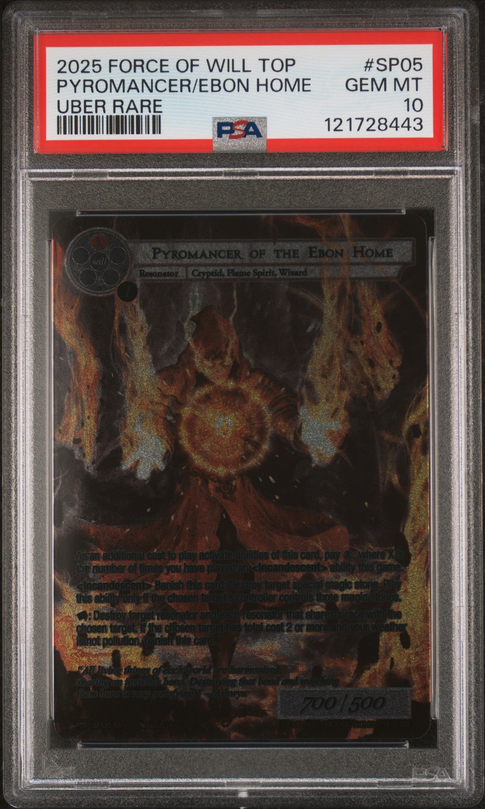 2025 FORCE OF WILL TOP UBER RARE #SP05 PYROMANCER OF THE EBON HOME PSA 10